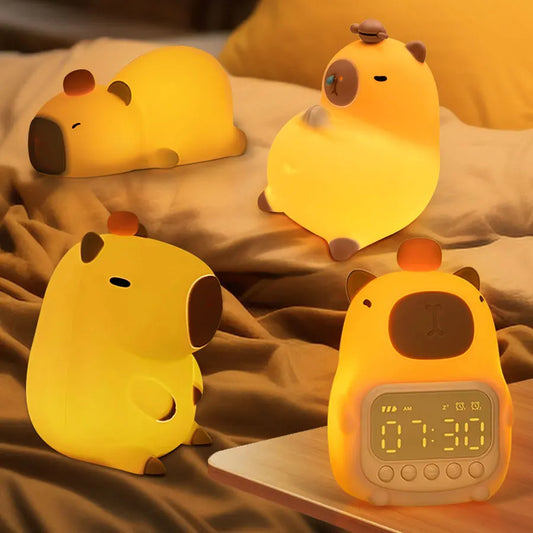 Cute Rechargable Cartoon Capybara Silicone Night Light Digital Alarm Clock